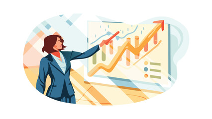Obraz premium Woman in suit presenting upward trending graph with red arrow and bar chart on a white background