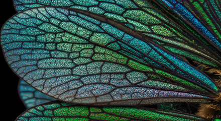 Detailed Close-Up of Iridescent Insect Wing Vibrant Colors and Intricate Vein Patterns