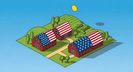 American Farmhouses with Flag Design on Rolling Hills - Patriotic Illustration
