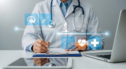 A medical professional in a lab coat uses a pen to write on a clipboard while interacting with a holographic interface displaying health icons and data.