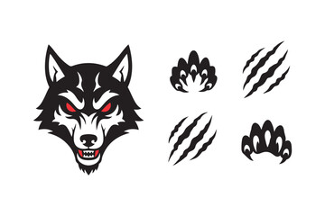 Obraz premium Fierce Wolf Mascot Head with Aggressive Claw Mark and Paw Print Graphics