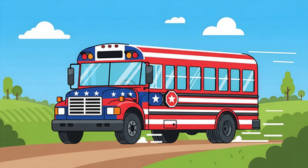 Patriotic School Bus Illustration A Vector Image of American Pride on Wheels Cruising Through the Countryside