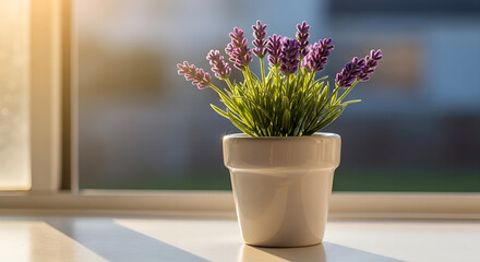 Lavender Blooms in a White Pot by the Window Serene Interior Decor with Floral Accent