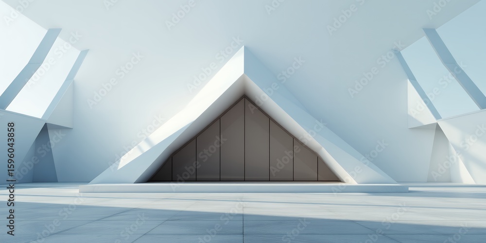 Poster a minimalist white structure featuring a triangular doorway and geometric architecture on transparen