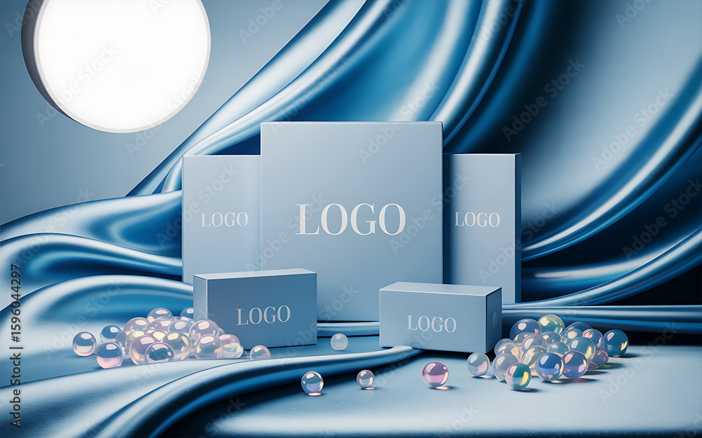Poster elegant boxes with a logo are displayed on a blue silk backdrop with iridescent spheres, creating a 