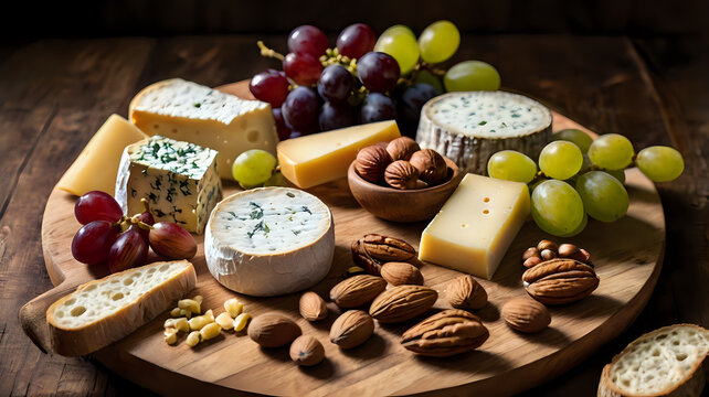 Rustic cheese board with assorted cheeses, grapes, baguette slices, and nuts
