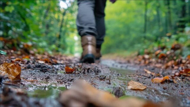 Feet in boots walking on a muddy path in a forest, surrounded by leaves and plants. A sense of adventure and exploration while hiking.