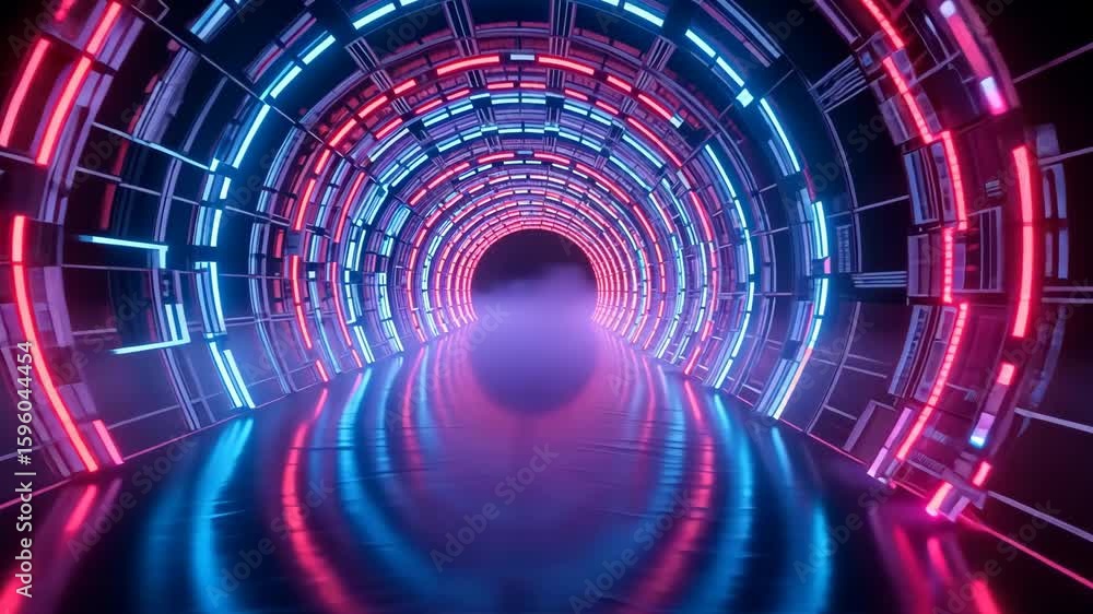 Poster futuristic neon tunnel with vibrant light patterns and reflection