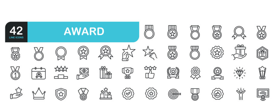 Set of line icons related to reward, award , trophy. Outline icons collection. Editable stroke. Vector illustration