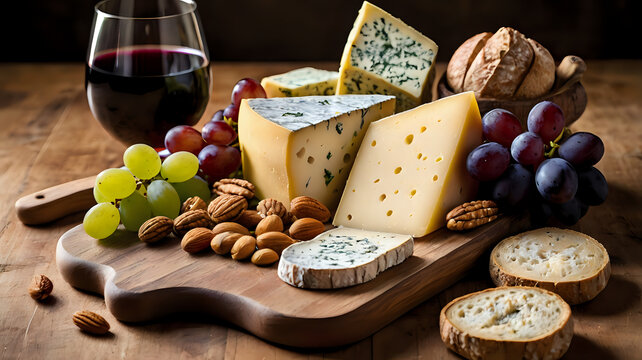 Rustic cheese board with assorted cheeses, grapes, baguette slices, and nuts