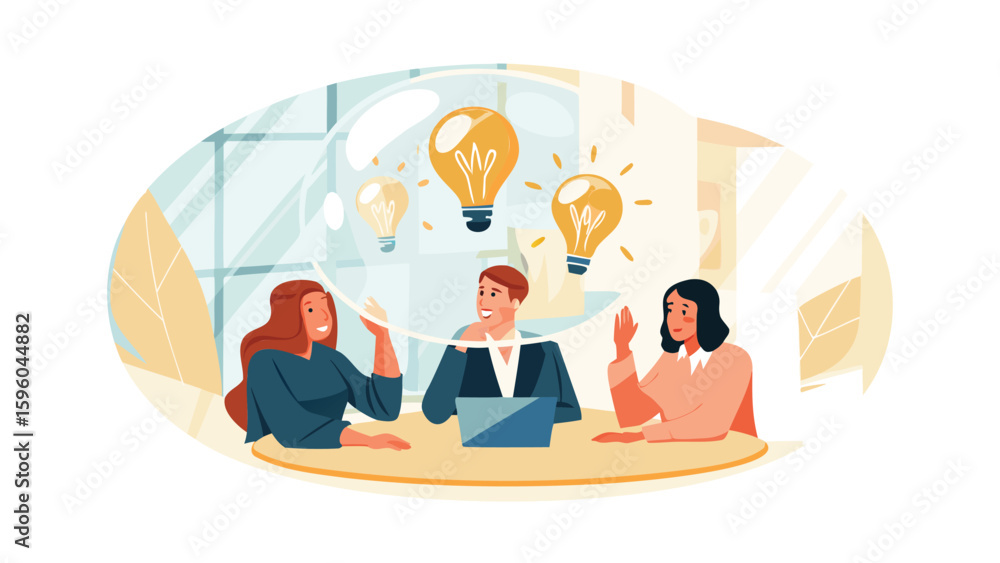 Poster three people at a table with lightbulbs representing ideas in a collaborative brainstorming session