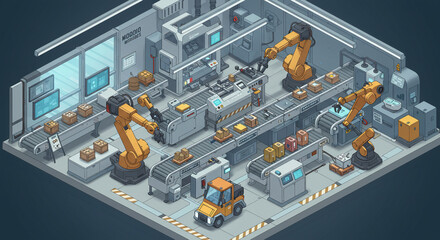 Automated Warehouse: Isometric Illustration of Robotic Packaging and Sorting System.