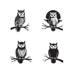 Four Black and White Owl Silhouettes Perched on Branches