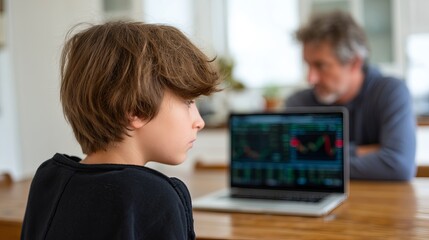 Young Boy Observing Stock Market Analysis with Focused Expression in Domestic Setting