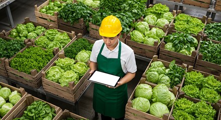 Worker with fresh green produce lettuce cabbage