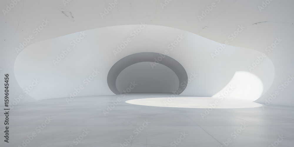 Poster a minimalist white interior featuring a tunnel like structure with soft light entering in it on tran