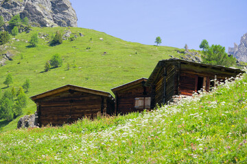 Close-up of wooden chalets at Lauchernalp at Lötschental Valley in the Swiss Alps on a sunny late...