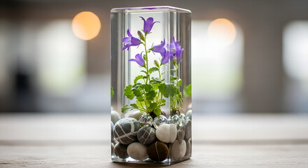 Bellflowers in Clear Resin A Botanical Still Life, Decorative object showcasing purple bellflowers, stones in clear resin on table