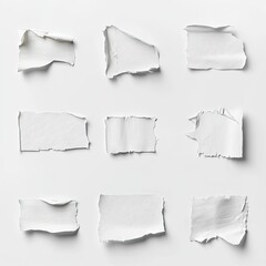 Set of various white pieces of ripped, textured tape on an isolated background,