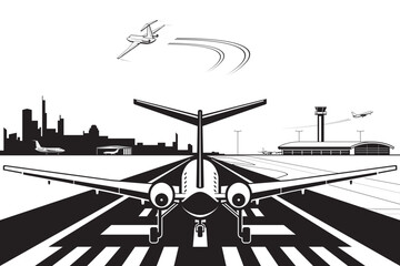Private jet  take off from runway at city airport – vector illustration