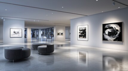 Sleek Modern Art Gallery with Abstract Paintings and Minimalist Seating Area