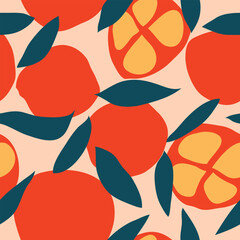 oranges and slices hand drawn rough art seamless pattern. Oranges with bluish leaves and orange slices vector seamless pattern. Good for fabric, textile, decoration, wrapping, fashion prints and more.