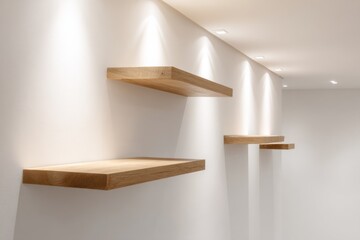 Minimalist white wall with floating wooden shelves and decor