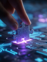 Hand touch glowing blue puzzle jigsaw solution strategy piece.