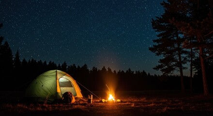A tent is pitched near a campfire under a starry night sky, surrounded by trees in a forest.