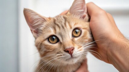 Close-up of a light brown tabby cat with amber eyes being gently held and petted by a person's hand.