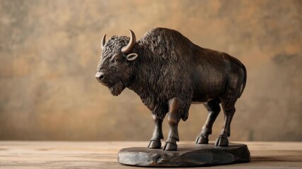 Bronze statue of bison on wooden surface - Powered by Adobe