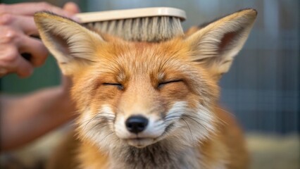 A red fox with closed eyes enjoys being brushed gently by a human hand, showing a calm and content expression.