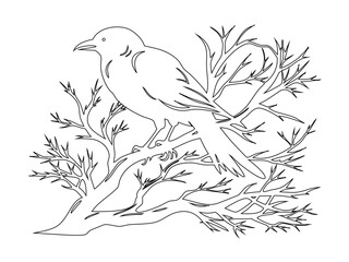 Silhouette Bird on Leafy Branch Illustration