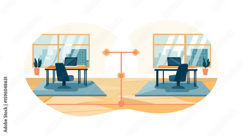 Poster illustration of two office spaces with desks chairs and laptops in front of windows with city views