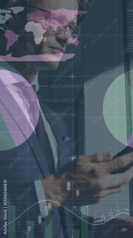 Poster animation of financial data and graphs over caucasian businessman using smartphone
