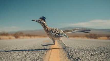A colorful roadrunner bird sprinting across a deserted road under a clear blue sky.