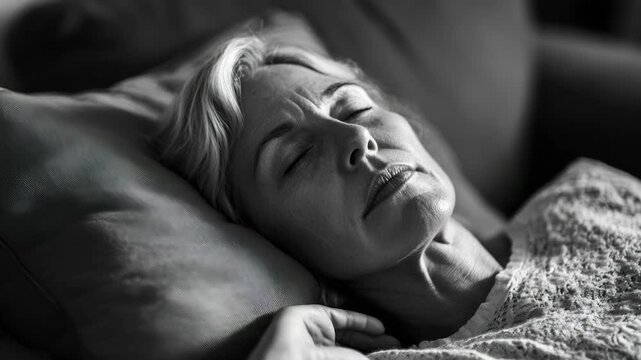 Aging woman with peaceful sleep, showing relaxed and contented facial expression. Capturing the gentle subtleties of aging gracefully.