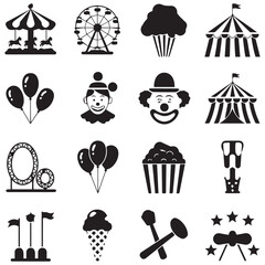 Dark icons of amusement park rides, circus tents, clowns, snacks, and fun fair attractions