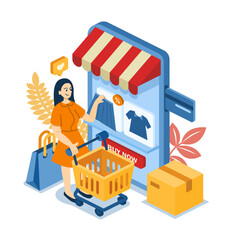 isometric online shopping concept with a woman is shopping in a smartphone. flat color illustration vector isolated on white background.
