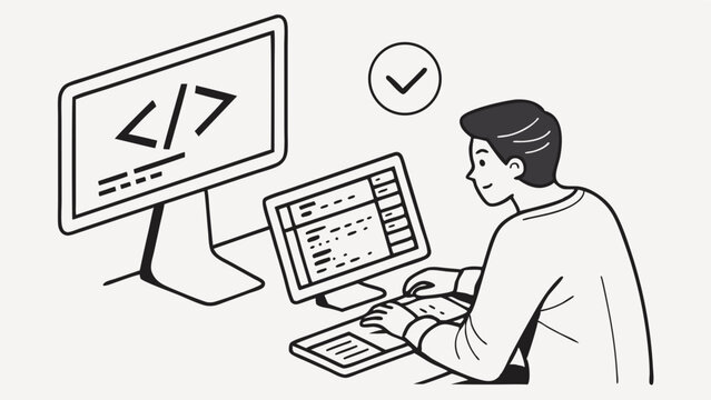 Programmer Working on Code with Two Computer Monitors and Keyboard.