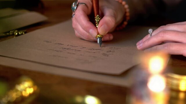 Close up of hands and handwritten letter written with antique quill pen and ink on old parchment paper. Girl writing letter.