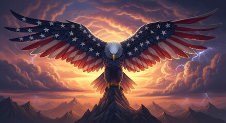 American Eagle Ascending Majestic Symbol of Freedom Soaring Above Mountain Peaks at Sunset