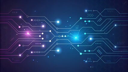 High-Tech Circuit Abstract Background with Glowing Lines and Nodes in Blue and Purple Vector Style