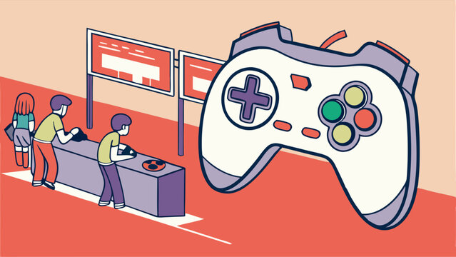 Retro Arcade Scene with Game Controller and Players.