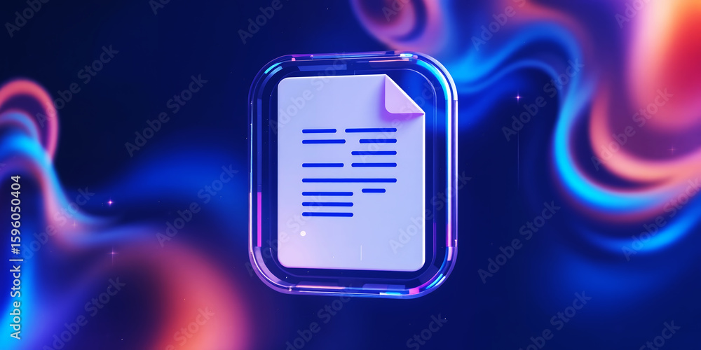 Poster a stylized document icon with a folded corner floating against a colorful background on transparent 