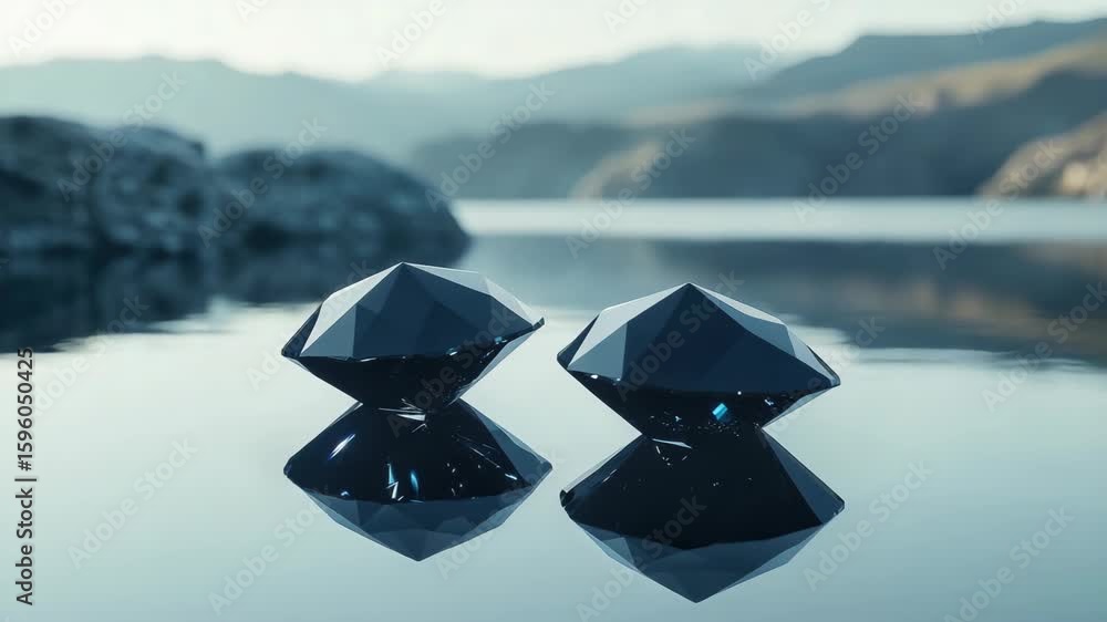 Poster black gems on water with mountain background in serene setting
