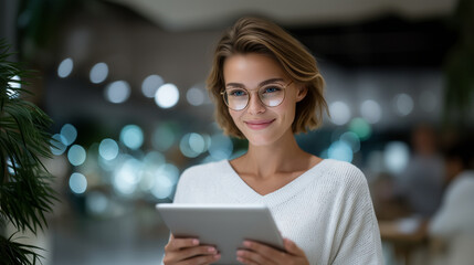 A stylish, tech-savvy woman in a modern cafÃ© using a digital tablet, surrounded by glowing holographic icons for shopping, e-commerce, and mobile banking, futuristic interface, amb