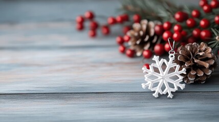 Silver snowflake charm nestled amongst winter berries and pinecones on wooden table.