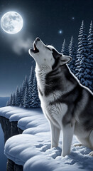 Majestic Wolf Howling at the Moon A Winter's Night Serenade on a Snowy Cliff, Under the Starry Sky