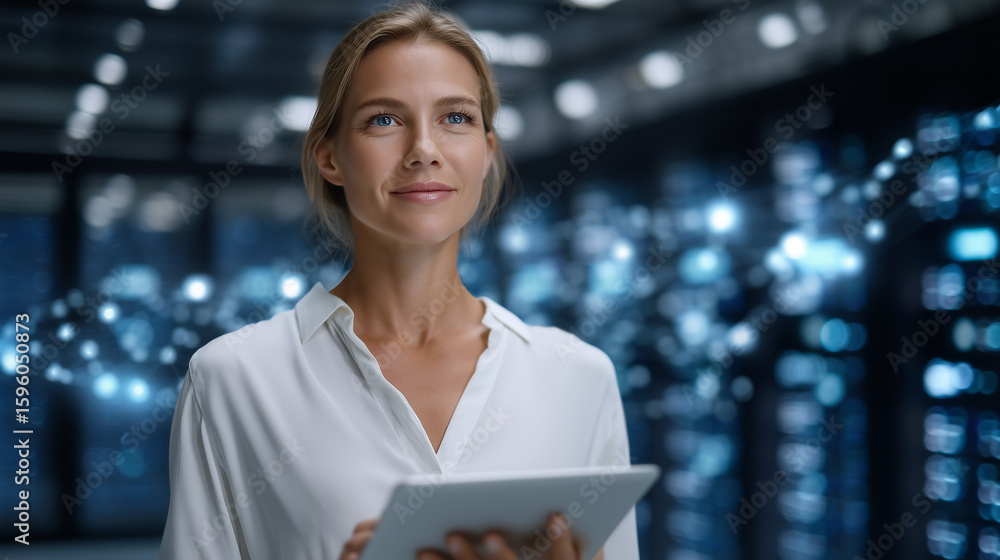 Poster modern data center interior, female it engineer walking between rows of servers with a digital table